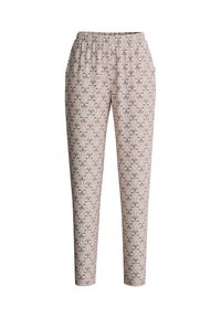 Lichtroze gemusterde broek met een elastische tailleband; heeft een herhalend bloemenontwerp in zwart en wit. Op maat gemaakte, tapse pasvorm.
