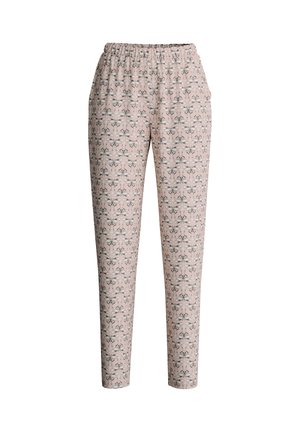 Pantaloni a fantasia rosa chiaro con vita elastica; presentano un motivo floreale ripetuto in bianco e nero. Taglio sartoriale, fit affusolato.