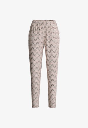 Lichtroze gemusterde broek met een elastische tailleband; heeft een herhalend bloemenontwerp in zwart en wit. Op maat gemaakte, tapse pasvorm.