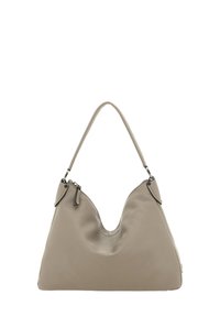 Sac en cuir texturé de couleur beige clair. Il présente un design hobo avec une silhouette courbée, des anses doubles et des accents zippés.