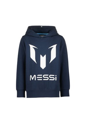 Marineblauwe hoodie met een wit grafisch logo met een gestileerde "M" en de tekst "MESSi" in een modern lettertype. Zacht materiaal, comfortabele pasvorm.