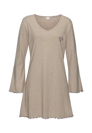 Camisa de noche beige de tejido suave, con escote en V y mangas largas. Bordes decorados con un detalle purpura en forma de ondas. Diseño bordado que dice 'sueña en grande'.