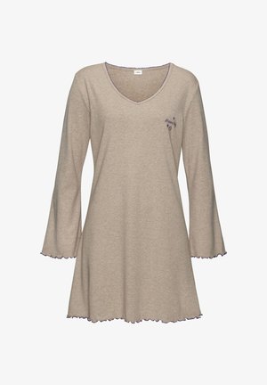 Camicia da notte beige in morbido tessuto, con scollatura a V e maniche lunghe. Bordo rifinito con un dettaglio a scalloped viola. Design ricamato "dream big".