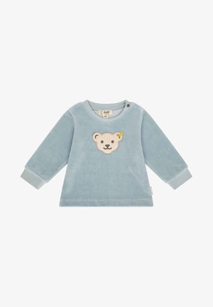 Maglione di pile azzurro chiaro con maniche lunghe e scollatura tonda. Presenta un ricamo a forma di faccia di orso sulla parte anteriore e bottoni a pressione sulla spalla.