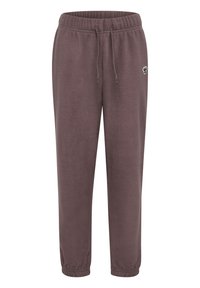 Fleece-Jogginghosen in gedämpftem Braun mit elastischem Bund, verstellbarem Kordelzug und gerippten Bündchen; auf der Vorderseite befindet sich ein kleines Logo.