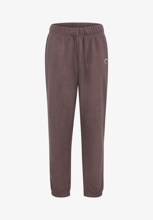 Dresy polarowe w stonowanym brązie z elastycznym pasem, regulowanym sznurkiem i żeberkowymi mankietami; posiadają małe logo z przodu.