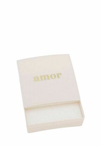 Witte rechthoekige doos met een gladde textuur, met "amor" in gouden letters op het deksel. Geopend met een eenvoudige binnenkant.