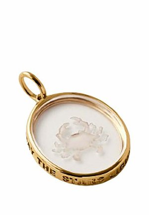 Colgante circular con borde dorado, con un centro transparente que muestra un diseño en relieve de cangrejo y texto grabado alrededor del borde.