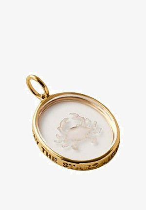 Colgante circular con borde dorado, con un centro transparente que muestra un diseño en relieve de cangrejo y texto grabado alrededor del borde.