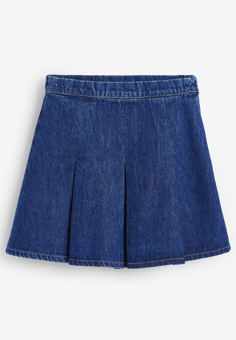Jupe plissée en denim bleu avec taille élastique et ourlet cousu, présentée sur fond blanc.