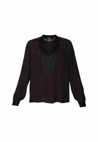Blusa nera con maniche lunghe, caratterizzata da un pannello frontale a contrasto e un collo alto. Realizzata in tessuto liscio con una leggera lucentezza.