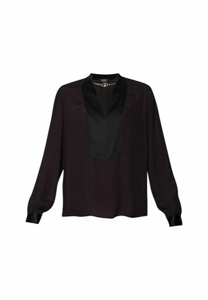 Blusa nera con maniche lunghe, caratterizzata da un pannello frontale a contrasto e un collo alto. Realizzata in tessuto liscio con una leggera lucentezza.