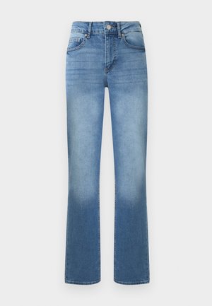 Jean en denim bleu clair taille haute avec bouton frontal et fermeture éclair, poches avant et arrière, coupe droite.