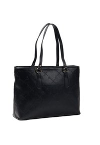 Czarna skórzana torba tote z wytłaczanymi wzorami, podwójnymi uchwytami i złotymi akcentami; prostokątny kształt z płaskim dnem i otwartym wierzchem.