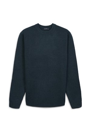 Maglione crewneck in teal scuro con maniche lunghe, polsini, colletto e orlo a costine, posato su uno sfondo bianco.