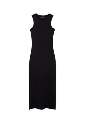 Black sleeveless maxi dress made from soft, stretchy fabric. Features a fitted silhouette with a side slit for ease of movement.