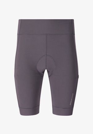 Grå polstrede cykelshorts med høj talje og teksten "ENDURANCE" på det nederste højre ben.