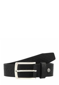 Black woven leather belt with a silver metal rectangular buckle and a logo accent near the buckle. Smooth texture, formal design.