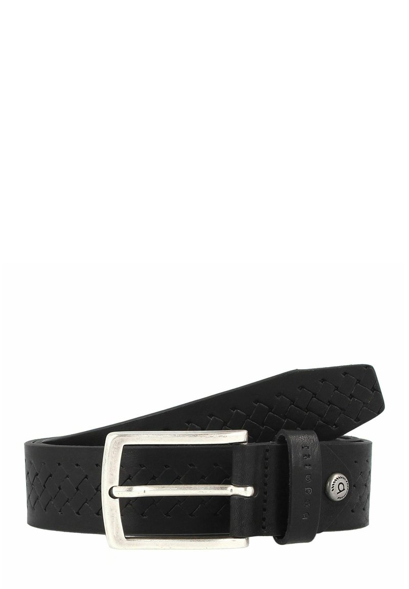 Black woven leather belt with a silver metal rectangular buckle and a logo accent near the buckle. Smooth texture, formal design.