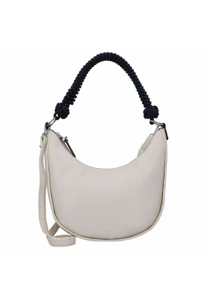 Sac hobo en cuir blanc doux avec une forme incurvée. Présente une poignée noire nouée et une bandoulière amovible. Fermeture à glissière argentée.