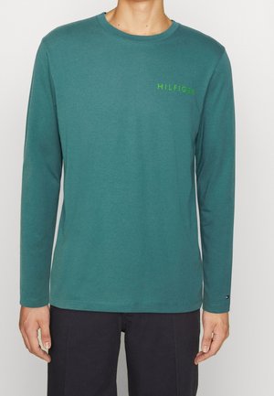 Langärmliges T-Shirt in Teal, aus Baumwolle, mit Rundhalsausschnitt, kleinem grünen "HILFIGER"-Logo und einem kleinen Logo-Accent am Ärmel.