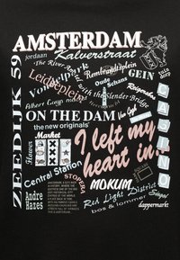 Wörter und Namen, die mit Amsterdam zu tun haben, einschließlich "Ich habe mein Herz verloren in", Wahrzeichen, Stadtteile und kulturelle Bezüge in verschiedenen Schriftarten und Farben.