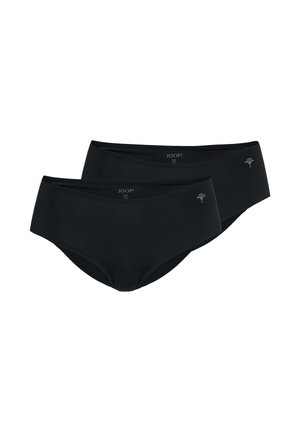 Zwei schwarze Damen-Slips mit mittlerer Leibhöhe, nahtlosen Kanten und kleinen silbernen Baum-Logos an der linken Hüfte, Größe Medium.