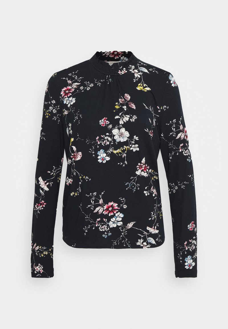 Czarna bluzka z długim rękawem w kwiatowy wzór w odcieniach różu, żółci i niebieskiego. Posiada wysoką stójkę i marszczenia, wykonana z miękkiego materiału.