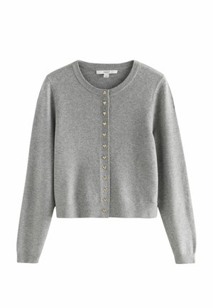 Cárdigan gris de manga larga y corte cropped con escote redondo y una fila frontal de pequeños botones dorados en forma de corazón.