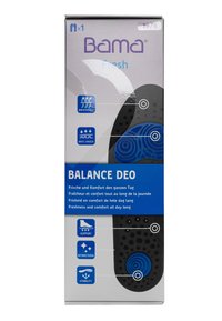 Black packaging with blue accents features product name "Bama Fresh Balance Deo." Displays icons for breathability, anti-shock, support, and antibacterial properties.