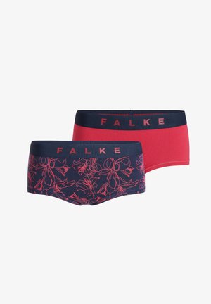 Twee paar boxershorts: één rood en één marineblauw met een bloemenpatroon in roze. Beide hebben een marineblauwe tailleband met "FALKE" in rood gedrukt.