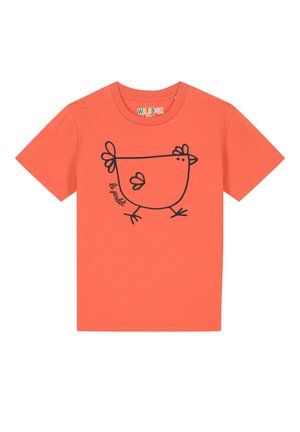 Korallefarbener T-Shirt mit kurzen Ärmeln aus Baumwolle, mit einer einfachen schwarzen Strichzeichnung eines Huhns und dem Text "le poulet".