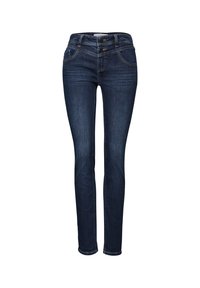 Jeans skinny en denim bleu foncé, avec une taille mi-haute, des détails de couture subtils et cinq poches. Texture lisse avec un léger stretch.
