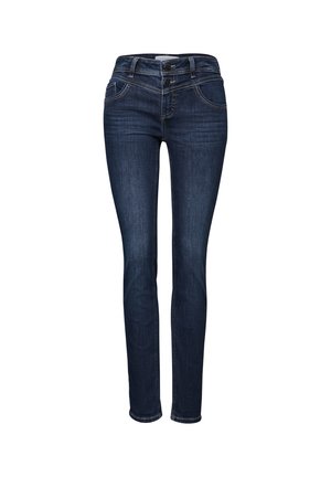 Jeans skinny en denim bleu foncé, avec une taille mi-haute, des détails de couture subtils et cinq poches. Texture lisse avec un léger stretch.