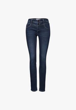Schlanke Jeans aus dunkelblauem Denim mit einer leicht erhöhten Taille, dezenten Stichen und fünf Taschen. Weiche Textur mit geringem Stretchanteil.