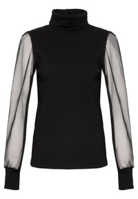 Svart polokrage med långa genomskinliga ärmar. Kroppen är gjord av ett tjockt, ribbat tyg, medan ärmarna är lätta och genomskinliga.