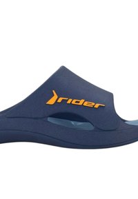 Infradito di colore blu navy realizzato in gomma con superficie testurizzata, dotato di un logo arancione e dettagli trasparenti per la ventilazione.