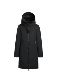 Abrigo largo negro con capucha, que cuenta con un cierre frontal, dos bolsillos laterales y puños ajustados. Textura suave y diseño minimalista.