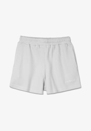 Calções curtos em cinza claro, com um cós elástico, apresentando dois bolsos laterais e um pequeno logótipo em branco no canto inferior direito.