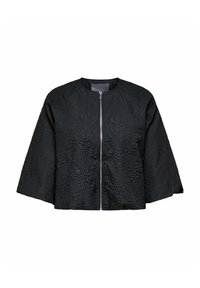 Chaqueta bomber negra con un patrón texturizado, cierre frontal de cremallera y mangas anchas, confeccionada en un tejido ligero.
