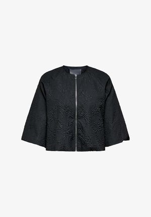 Giacca bomber nera con motivo testurizzato, chiusura frontale con zip e maniche ampie, realizzata in un tessuto leggero.