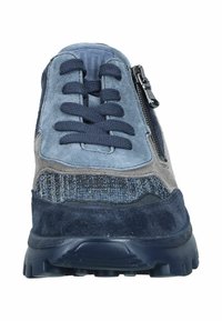 Navy and gray sneaker featuring suede and mesh. Round toe, stitched accents, with laces and zip detail on the side. Textured sole.