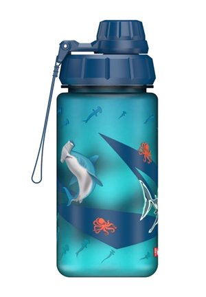 Blaue Wasserflasche mit navyblendem Deckel, verziert mit Illustrationen von Hammerhaien, Oktopussen und anderen Meereslebewesen, die schwimmen.