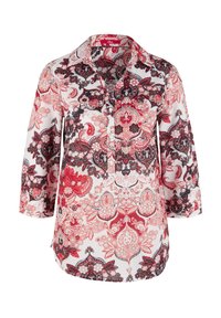 Blouse femme à manches longues avec motif paisley floral rouge, rose et noir et col avec patte de boutonnage devant.