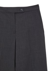 Pantaloni grigi su misura con una texture liscia, chiusura con un bottone singolo e tasche frontali, in un design a gamba dritta.