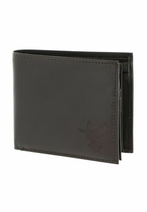 Black leather bi-fold wallet with stitched edges and embossed dove on the lower right corner, shown slightly open against a white background.