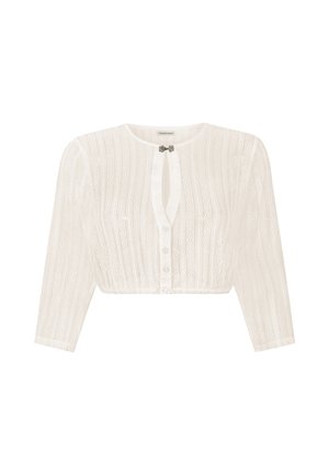 Weißer, kurz gestrickter Cardigan mit langen Ärmeln, Knopfleiste vorne und dekorativem Verschluss am runden Halsausschnitt.