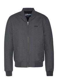 Blouson aviateur à carreaux gris avec une fermeture éclair frontale, des poignets et un col côtelés. Présente un petit logo noir sur la partie gauche de la poitrine.