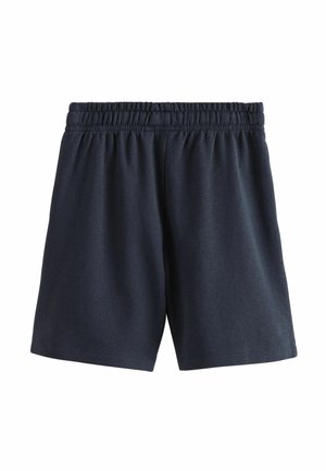 Pantalones cortos de algodón azul marino con una cinturilla elástica, que presentan una textura suave y un corte simple y relajado. Sin patrones visibles ni hardware.