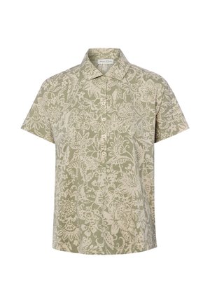 Beiges Kurzarmhemd mit hellem Blumenmuster, spitzem Kragen und Knopfleiste vorne.